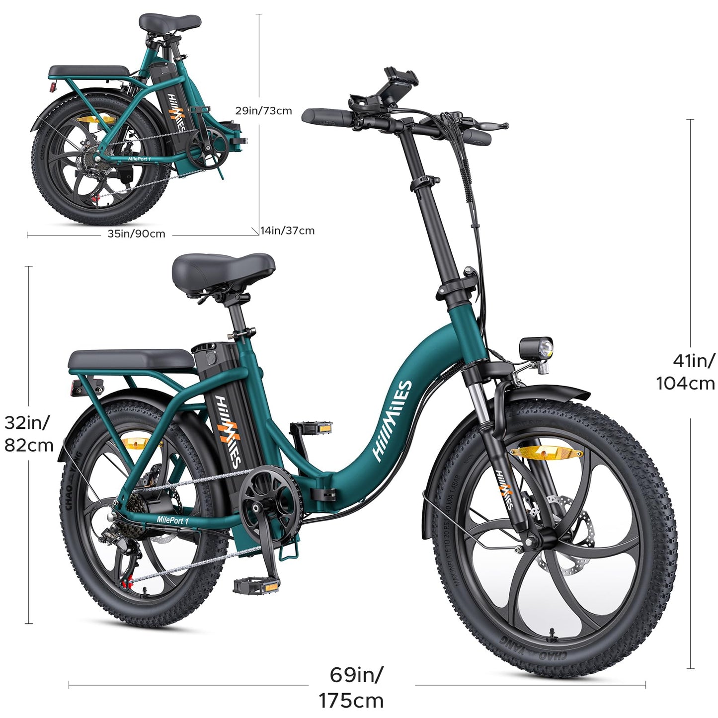 MilePort 1 Foldable Electric Bike, 250W Motor, 36V 13Ah Battery, 20" Fat Tires, 100 km Range