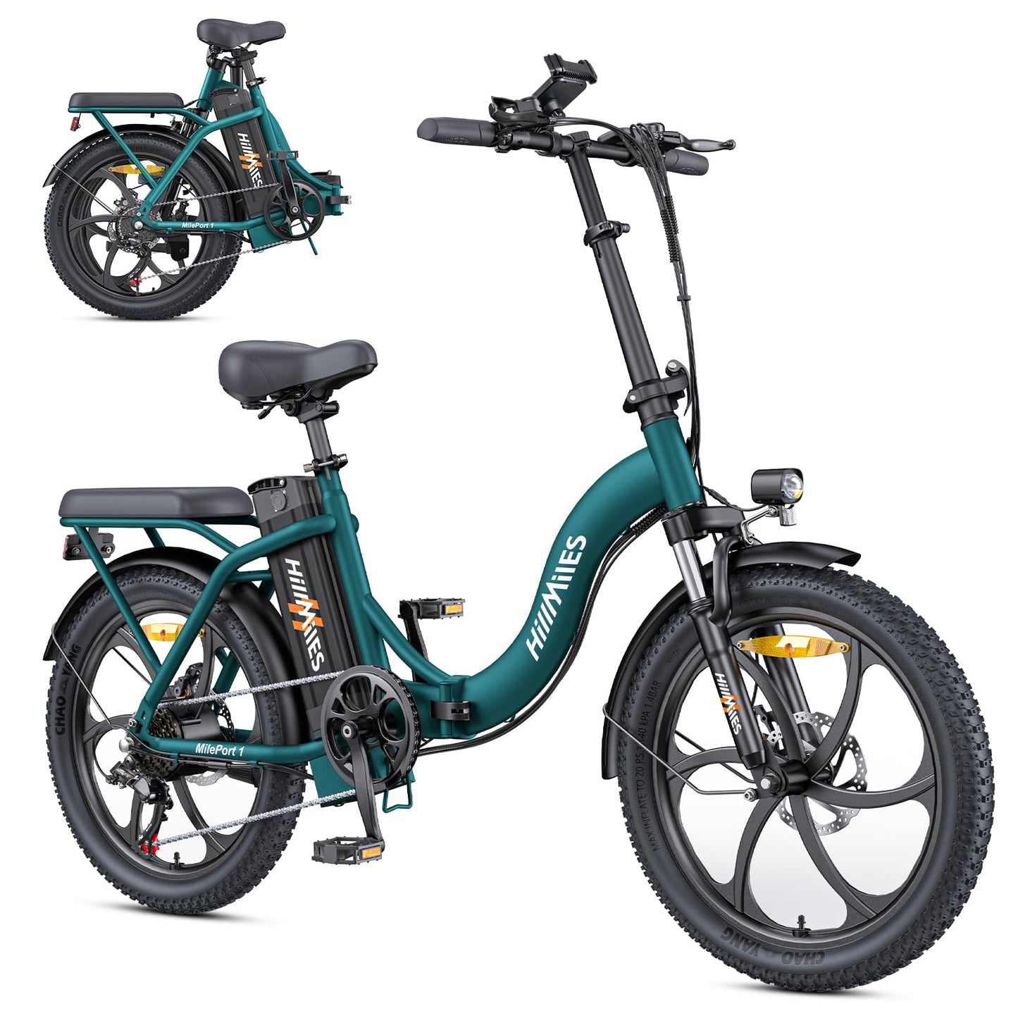 MilePort 1 Foldable Electric Bike, 250W Motor, 36V 13Ah Battery, 20" Fat Tires, 100 km Range