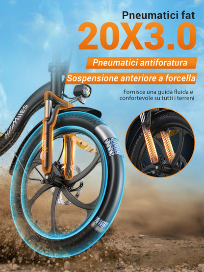 MilePort 1 Foldable Electric Bike, 250W Motor, 36V 13Ah Battery, 20" Fat Tires, 100 km Range