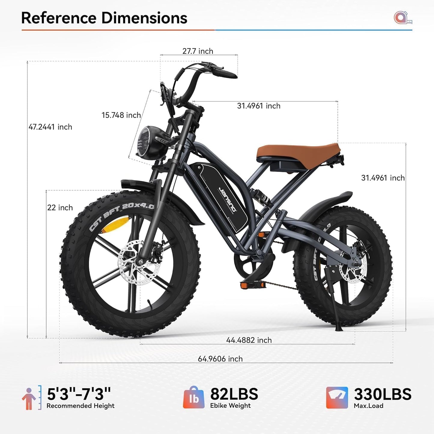 JANSNO 20" Fat Tire Electric Bike, 48V 17Ah Removable Battery, 7-Speed, Disc Brakes
