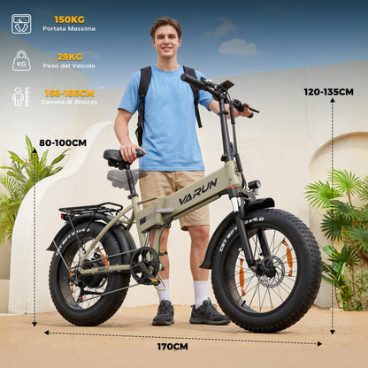 VARUN 20" Fat Tire Foldable Electric Bike, 48V 13Ah Battery, 60–120 km Range, 7-Speed